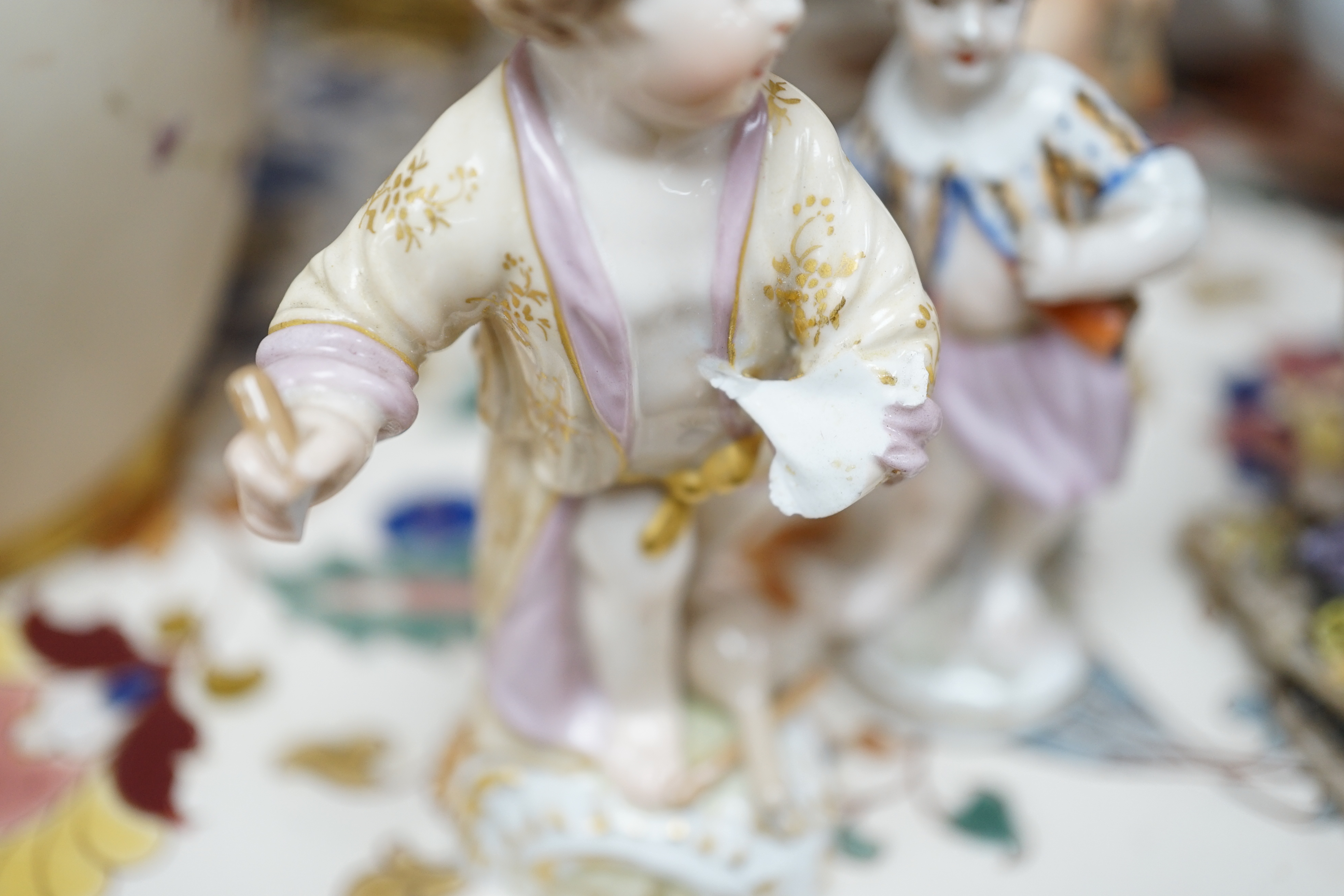 An Austrian Zsolnay type tray together with mixed English and Continental china including Royal Worcester vase, KPM figures and Moore centrepiece, largest 63cm wide